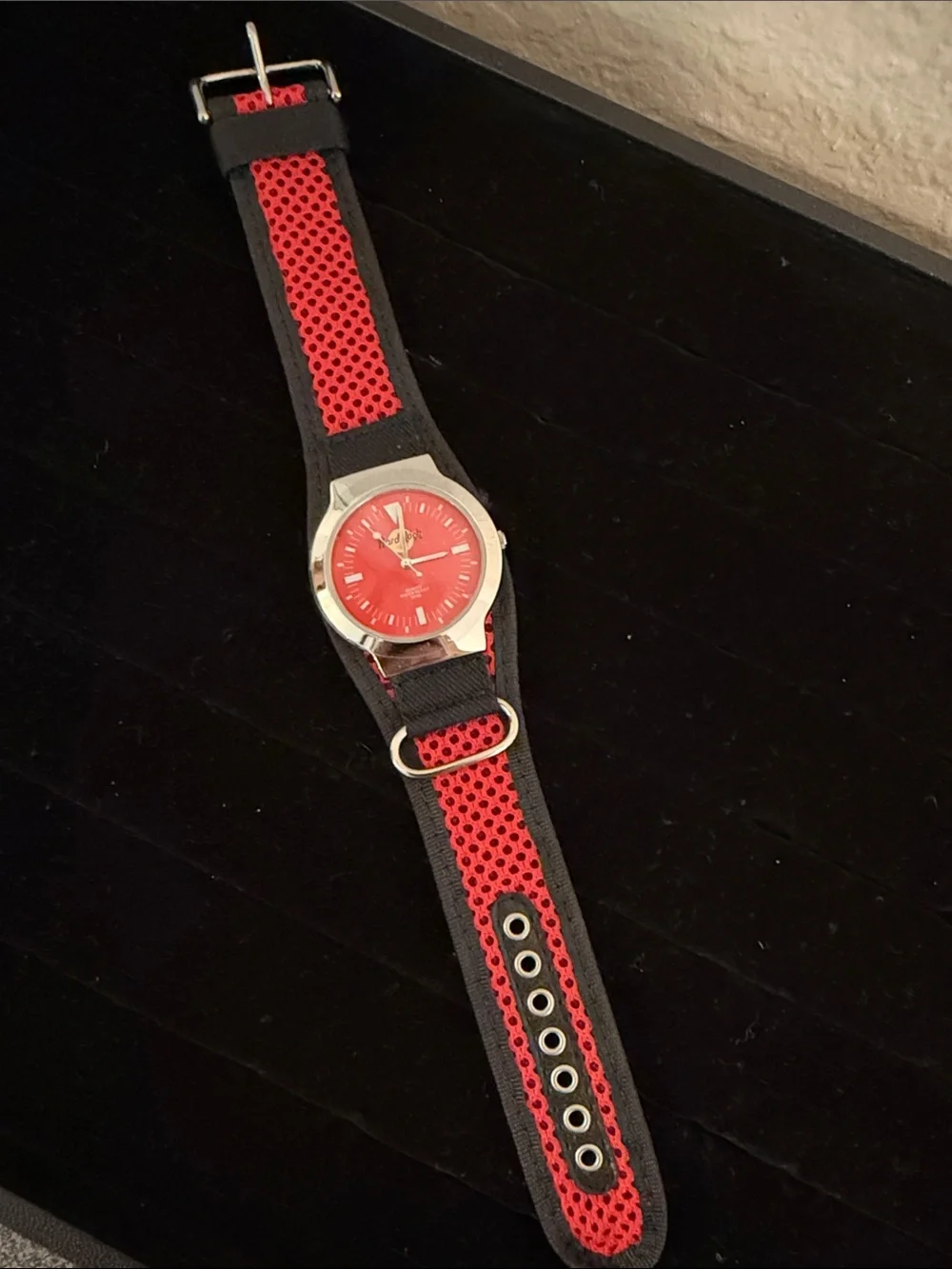 Hard Rock Cafe Red Dial Silver Case Watch with Black and red Strap